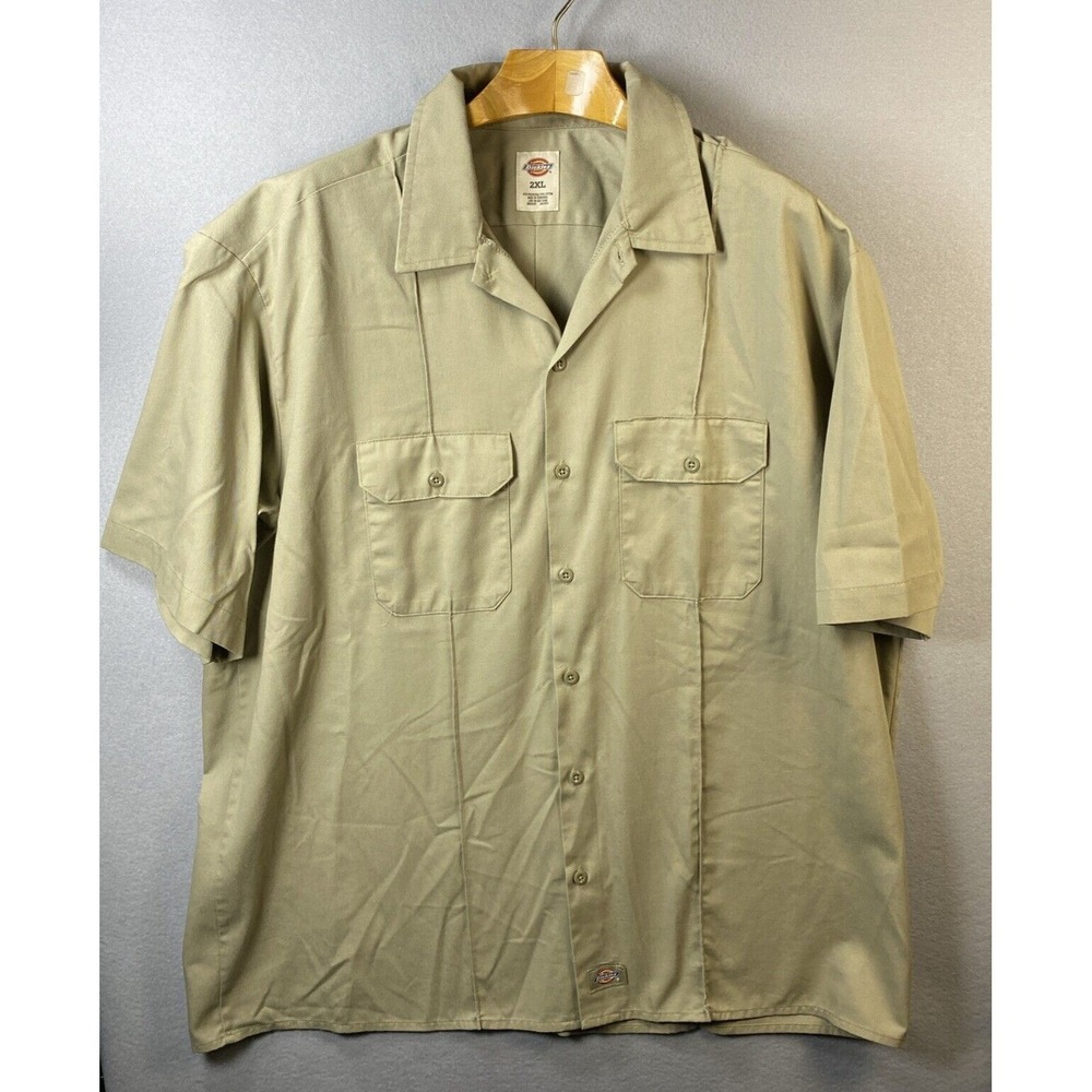 Dickies Mens 2XL Khaki Short Sleeve‎ Button Up Work Shirt Two Pocket Solid Tan